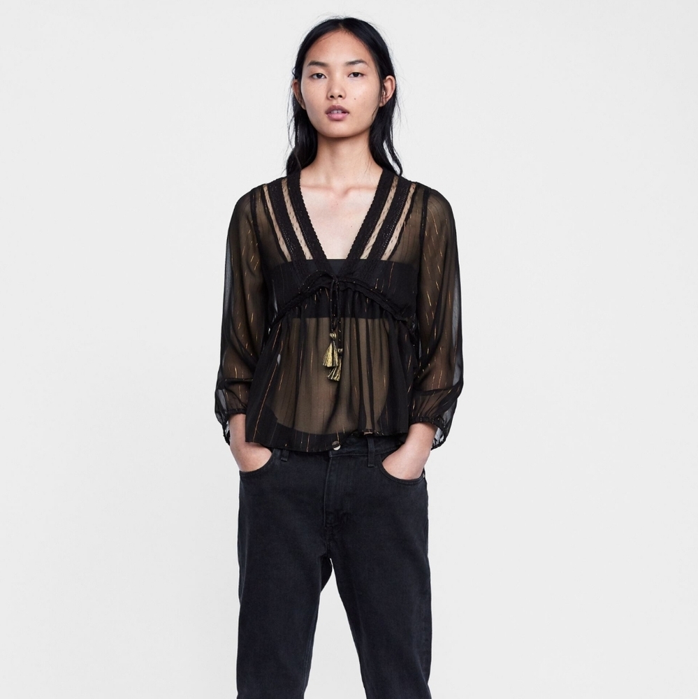 Zara sheer black blouse with gold threading